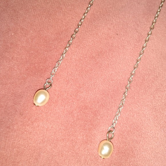 Pearl Long Delicate Chain Handmade Earrings Solid 925 Sterling Silver Ear Wires - Picture 4 of 8